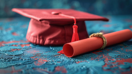 A red graduation cap rests beside a rolled diploma on a vibrant blue surface.の素材