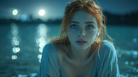 A young woman contemplates the serene ocean illuminated by the moonlight.の素材