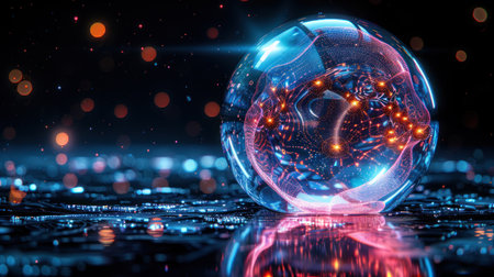 A luminous sphere radiates vibrant colors amidst a captivating dark backdrop.の素材