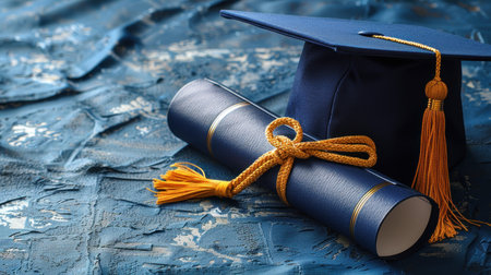 A blue graduation cap rests beside a neatly rolled diploma tied with gold cord.の素材