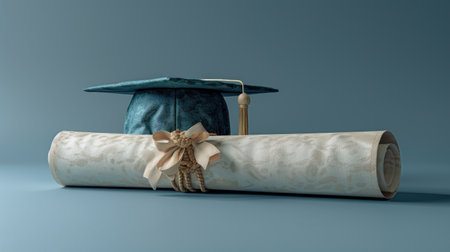 A graduation cap rests atop a beautifully wrapped diploma.の素材