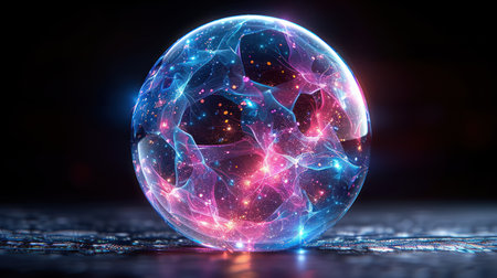 A mesmerizing bubble radiates colorful energy against a dark, textured background.の素材