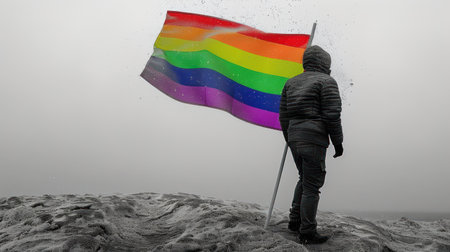 A person stands proudly, holding a rainbow flag against the wind.の素材