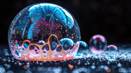 Vibrant soap bubbles shimmer with colors against a dark backdrop.の素材