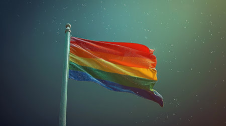 A rainbow flag dances gently in the evening breeze as colors blend beautifully.の素材