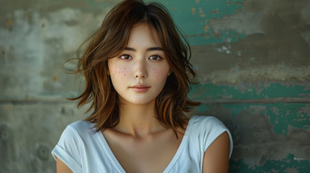 A young woman enjoys a serene moment in nature's embrace.の素材