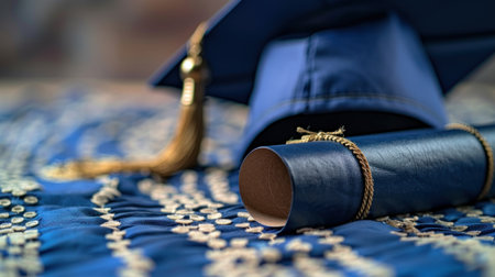 A diploma and graduation cap highlight academic success in vibrant colors.の素材