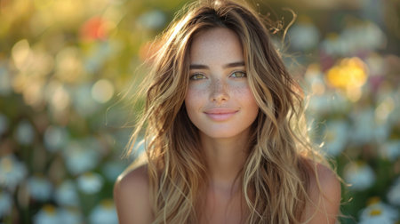 Radiant sunlight highlights her joyful smile in a vibrant garden.の素材