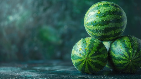 Dew-kissed watermelons stacked artistically on a textured tabletop.の素材