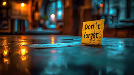 A bright reminder note sits quietly on a reflective surface.の素材