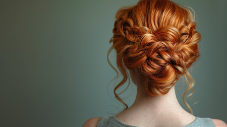 A stunning updo highlights the vibrant red hair of a woman.の素材
