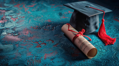 A graduation cap and diploma rest on a vibrant, colorful surface, symbolizing success.の素材