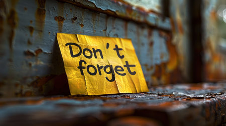 A yellow note with a reminder rests on an old, textured surface.の素材