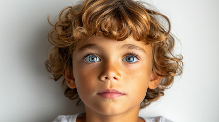 A curious child with curly hair and striking blue eyes stars intently.の素材