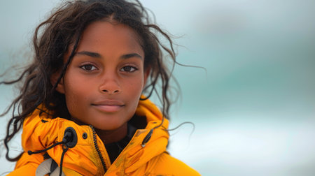 A young person beams with joy, surrounded by a serene winter backdrop.の素材