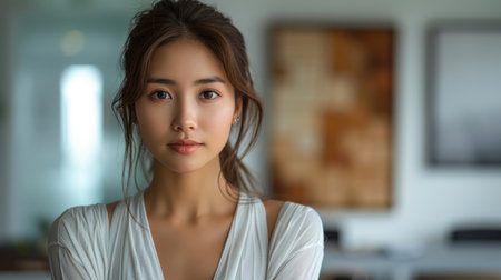 A young woman stands confidently in a contemporary office, radiating poise.の素材