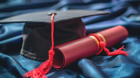 A graduation cap rests beside a rolled diploma on luxurious blue fabric.の素材