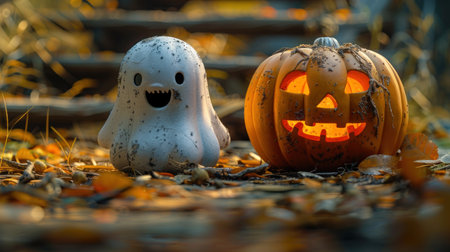 A playful ghost stands next to a carved pumpkin glowing warmly in autumn.の素材