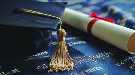 A graduation cap rests beside a rolled diploma on satin fabric.の素材
