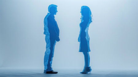 Figures engage in a captivating moment surrounded by soft blue illumination.の素材