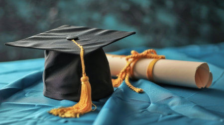A graduation cap rests beside a rolled diploma, symbolizing academic success.の素材