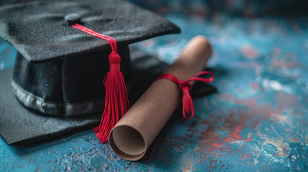 A graduation cap and diploma roll elegantly arranged on a vibrant background.の素材