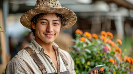 A cheerful young man connects with technology in a blooming garden.の素材