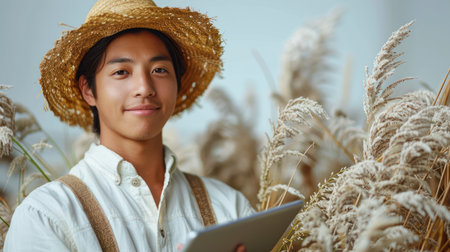 A young farmer smiles while holding a tablet amidst golden wheat.の素材