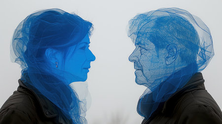 Two figures face each other, enveloped in a dreamy blue haze.の素材