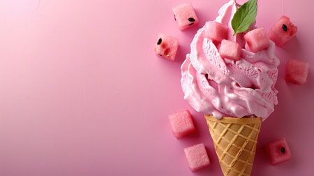 Enjoying a refreshing watermelon ice cream cone surrounded by pink cubes.の素材