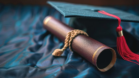 A graduation cap rests beside a rolled diploma tied with a rope.の素材