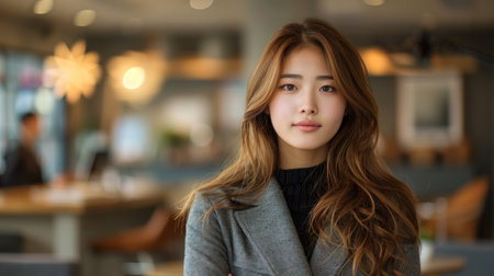 A young woman stands confidently in a stylish cafの素材