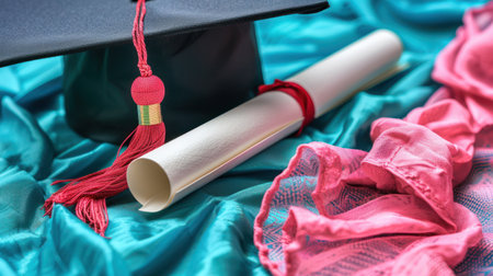 A graduation cap beside a rolled diploma on colorful drapery.の素材