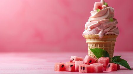 A delightful dessert featuring a watermelon ice cream cone surrounded by fruit.の素材