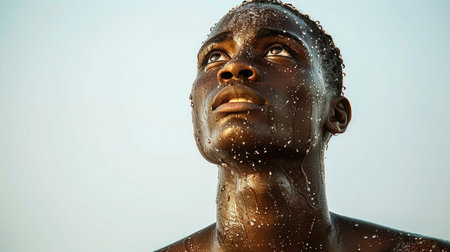 A young man stands under the sun, looking up with water droplets glistening on his skin.の素材