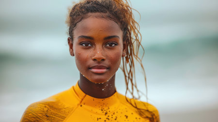 A young surfer glows with joy and water droplets after riding the waves.の素材