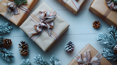 Beautifully wrapped gifts adorned with ribbons laid amongst frosty pine decorations.の素材
