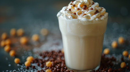 Delicious beverage adorned with whipped cream and chocolate, inviting indulgence.の素材