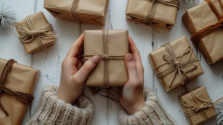 Delightful surprise in hands as gifts are lovingly presented for celebration.の素材