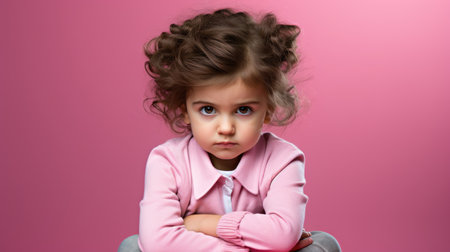 A young girl with curly hair demonstrates a thoughtful pout.の素材