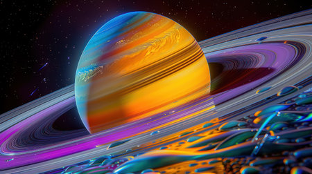 Colorful rings encircle Saturn as cosmic wonders unfold in the background.の素材