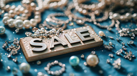 Elegant necklaces and earrings surround a prominent sale sign on rich fabric.の素材