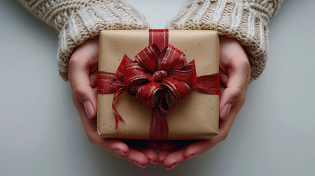 Tenderly holding a charming, wrapped present adorned with a ribbon.の素材