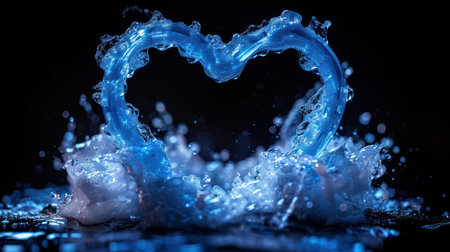 A vibrant splash of water elegantly shapes into a heart against a dark backdrop.の素材
