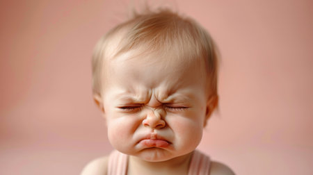 A small child frowns with an adorable pout in soft lighting.の素材