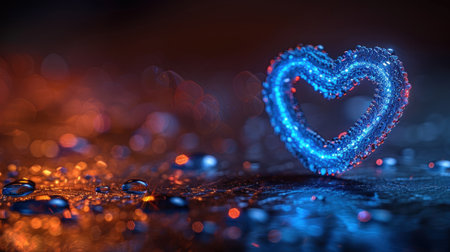 A vibrant heart shape sparkles amidst shimmering water droplets.の素材