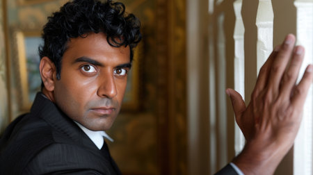 A man in formal attire stands pensively, hand on the wall, deep in thought.の素材