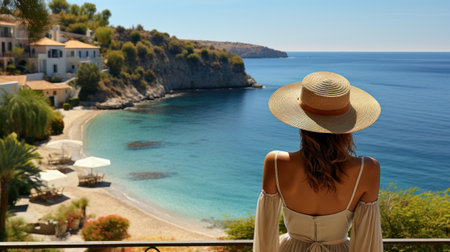 A woman gazes at the tranquil Mediterranean bay on a sunny afternoon.の素材