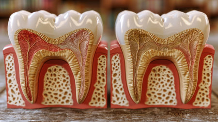 Detailed tooth model showing root structure and surrounding bone tissue.の素材