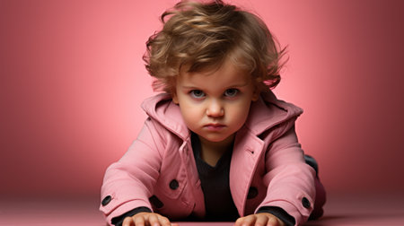 A young child explores a vibrant pink space with an inquisitive expression.の素材
